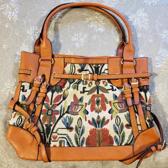 📢 Large Floral Tapestry Top Handle Belted Satchel - Picture 2 of 8